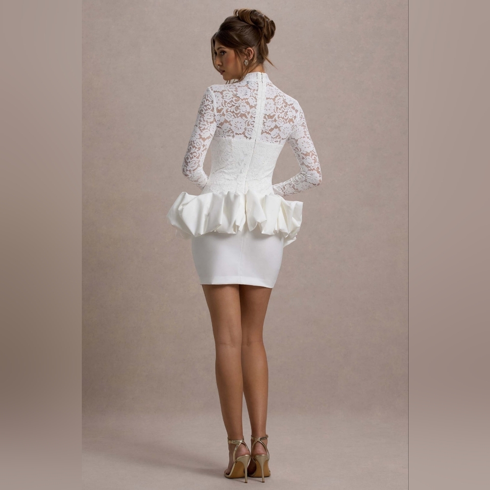 NWT Club London Antheia White Lace Long-Sleeve Peplum Mini Dress US Size 2 - Picture 8 of 11